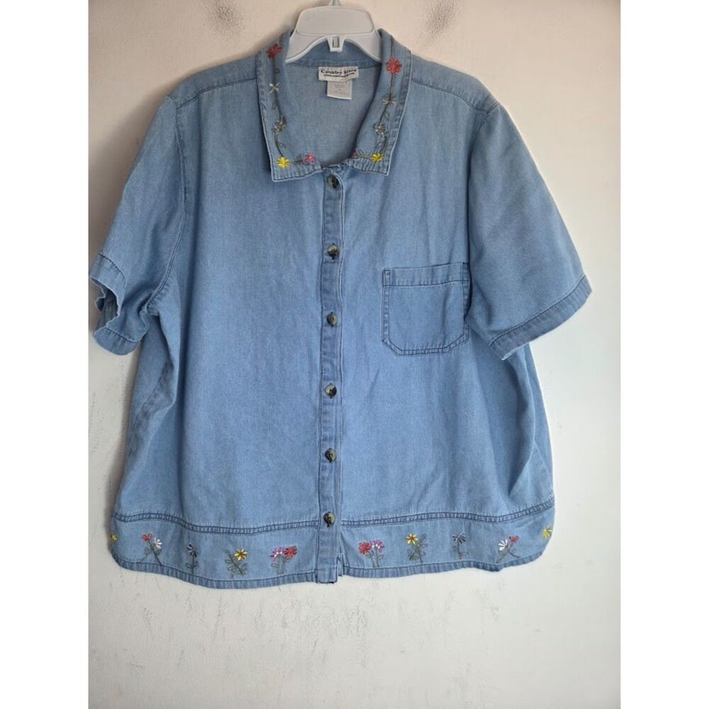 Country Store Blue w/Multicolor Flower Embroidery Denim Button Up Blouse size 2X